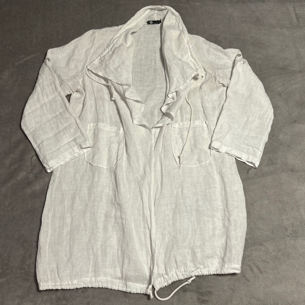 100% Linen Open Shirt Cover Duster White Large PURO LINO Made In Italy Lagenlook